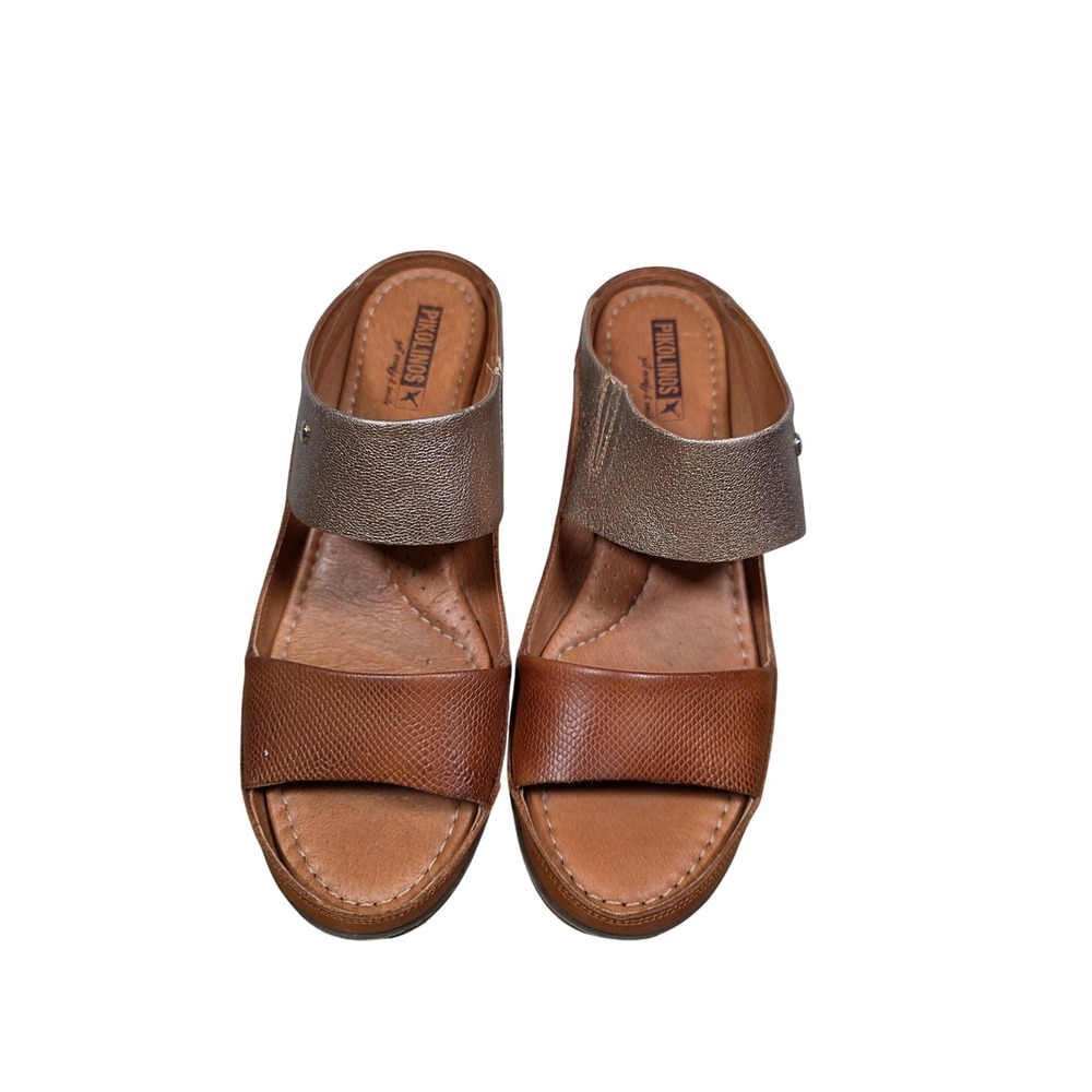 Pikolinos Womens Leather Wedge Slide Sandals Huelva Brown Gold 40 US 9-9.5